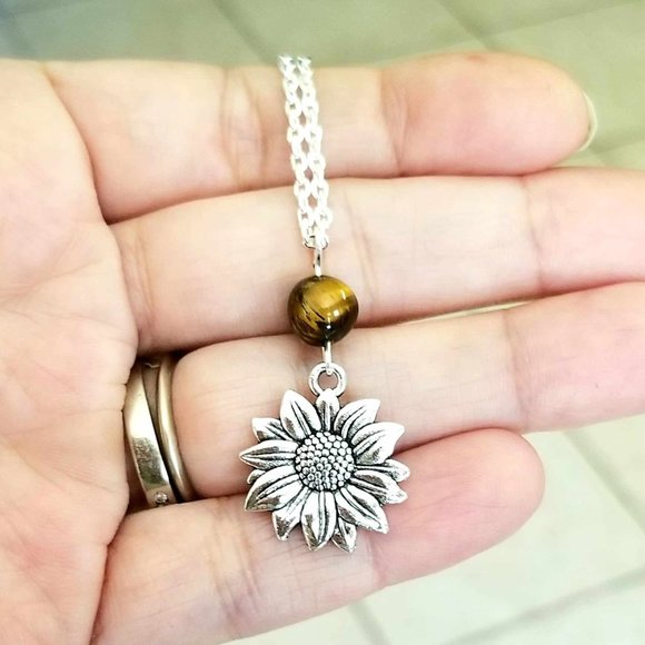 Sunflower Jewelry Set Tigers Eye Sunflower Necklace Silver Sunflower Earrings - Picture 3 of 5